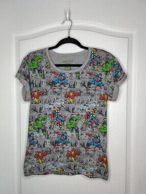 Marvel Women's Gray Tee with Multicolor Superhero Panels